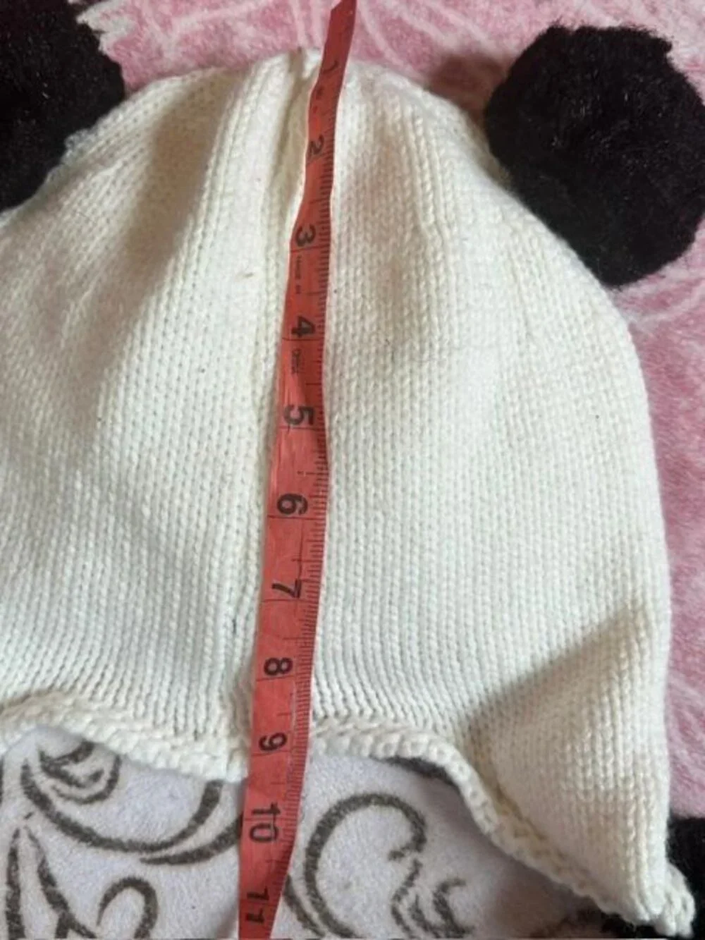 * Cream Colored Knit Panda Face Hat With Pom Poms Kids 3 And Up
